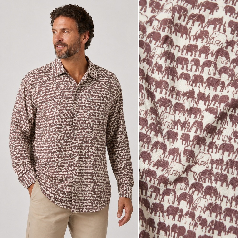 Woodin Ghana African Print Elephant Motif Boho Festival Button Up Shirt XXXL EUC